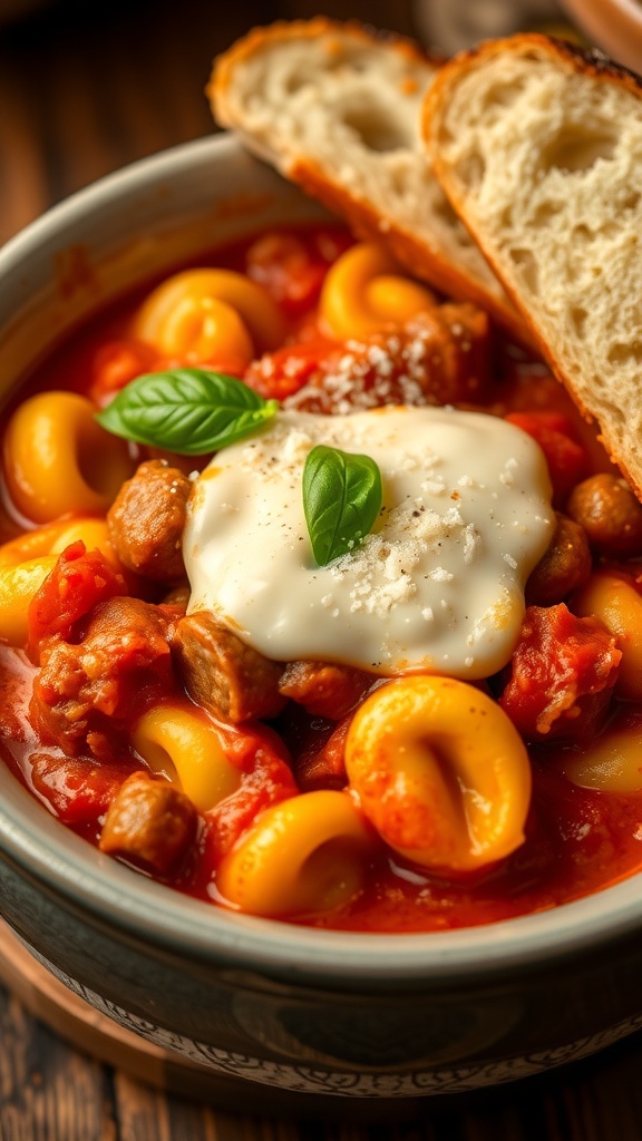 Crockpot Cheese Tortellini and Sausage Recipe A bowl of cheese tortellini and sausage in tomato sauce, garnished with mozzarella and basil, with garlic bread on the side.